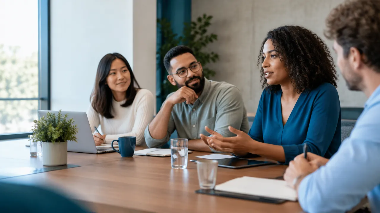 A diverse team listens and collaborates in a meeting, illustrating how workplace culture influences everyday behavior.