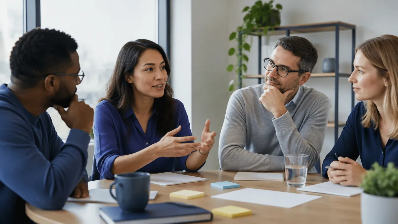 A diverse team listens and exchanges ideas in a calm meeting after addressing workplace tension