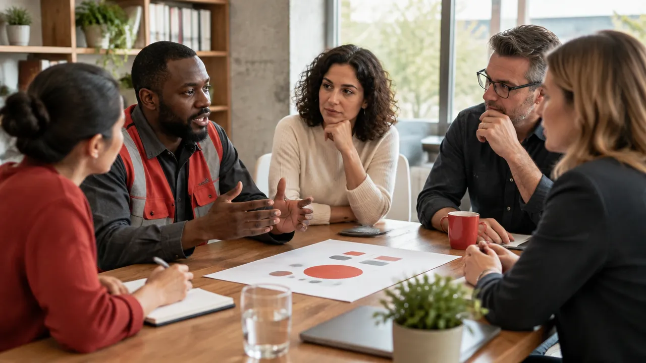 A diverse team listens to employee representatives while reviewing a simple human-impact scorecard.