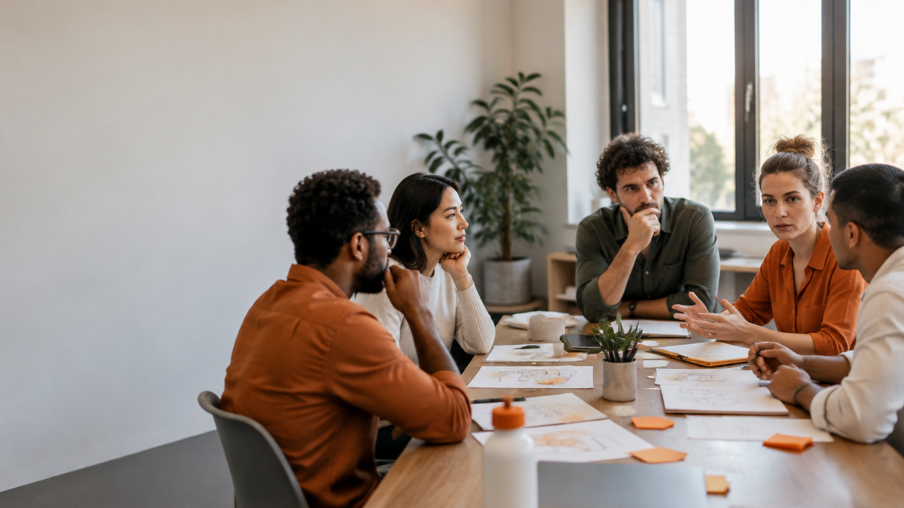 A diverse team pauses over prototype sketches as members listen through a moment of tension during a collaborative innovation meeting.