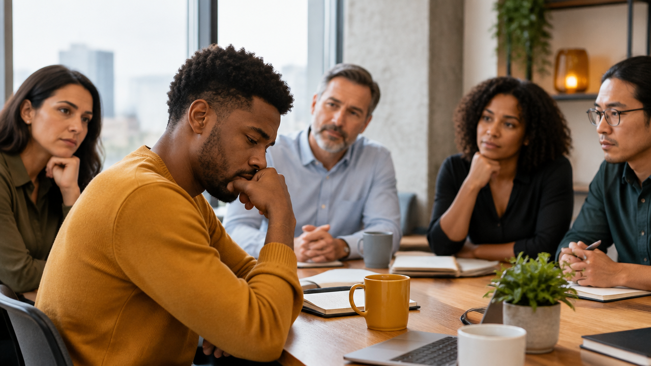 A diverse team reflects on a project setback as one colleague quietly internalizes blame
