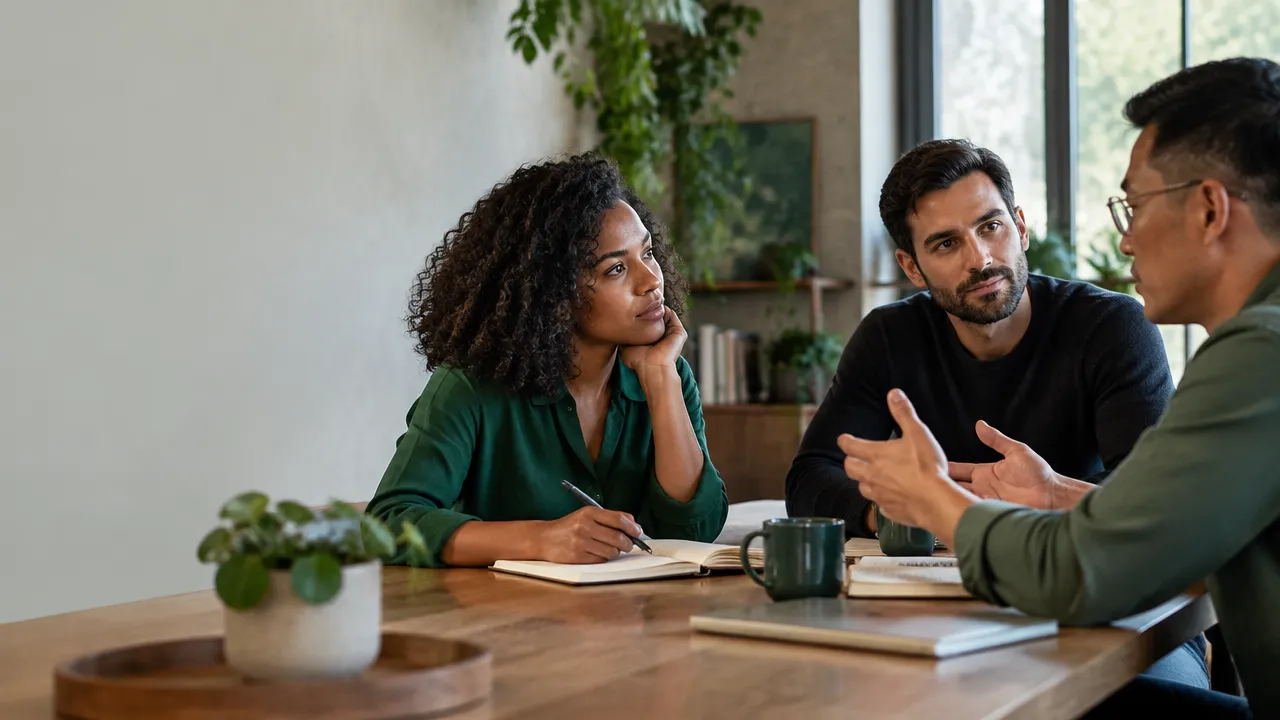 A diverse team thoughtfully discussing a difficult decision around a table