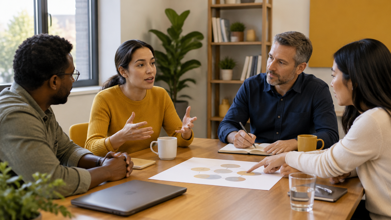 A diverse workplace team discusses a mistake with attentive listening and shared accountability