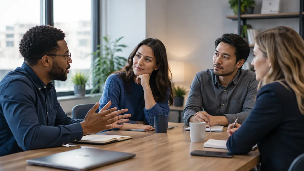 A diverse workplace team listens and speaks openly around a meeting table, reflecting an organization that values people.