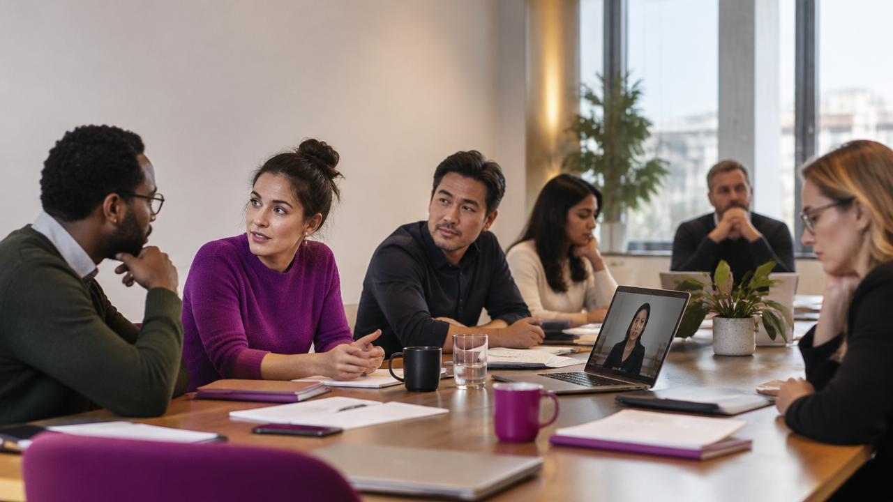 A diverse workplace team sits around a meeting table, with subtle signs of distance and uneven connection.