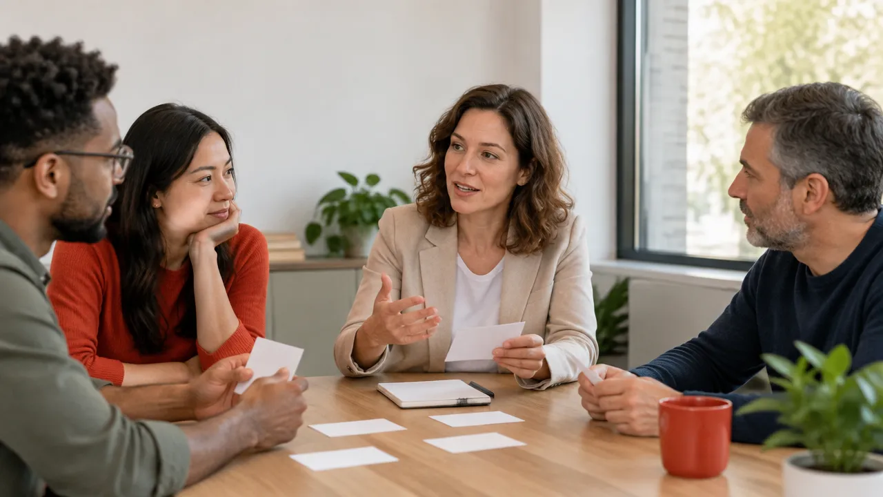 A facilitator and employees discussing anonymous feedback to improve workplace conditions