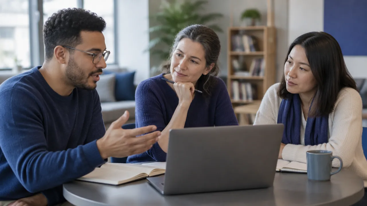 A facilitator and two community members calmly reviewing an online discussion on a laptop