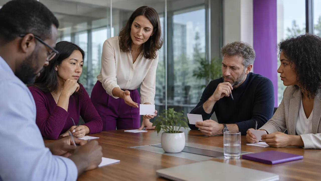 A facilitator asks colleagues to record independent views before discussing a high-stakes decision.