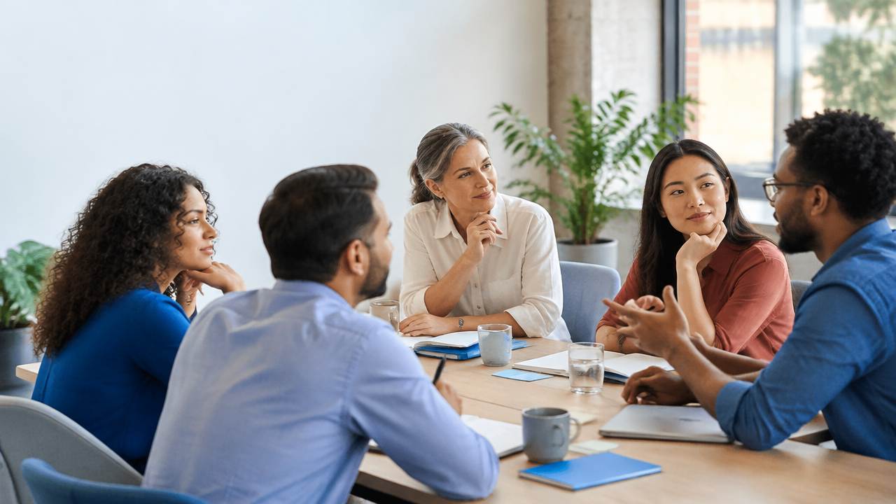 A facilitator helps a diverse team discuss shared values around a meeting table.