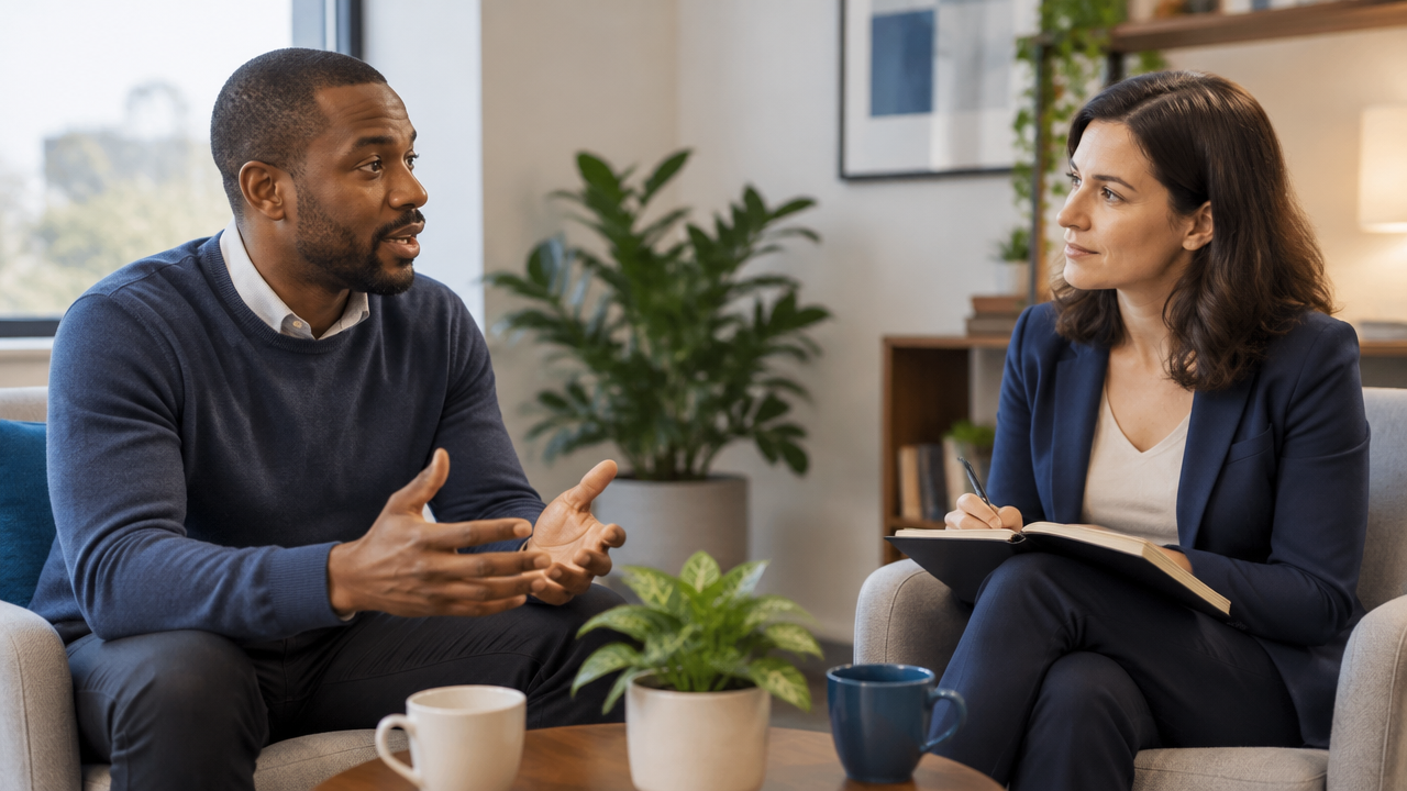 A facilitator listens and takes notes as an employee recounts a meaningful work experience