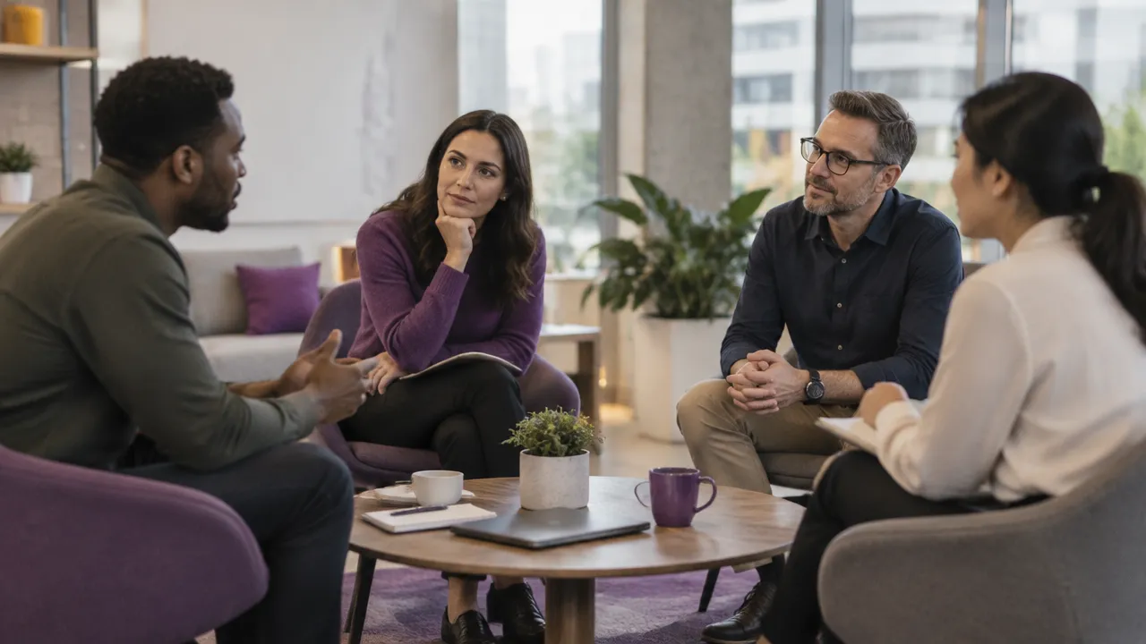 A facilitator listens as a colleague speaks and teammates respond with attentive, open body language.