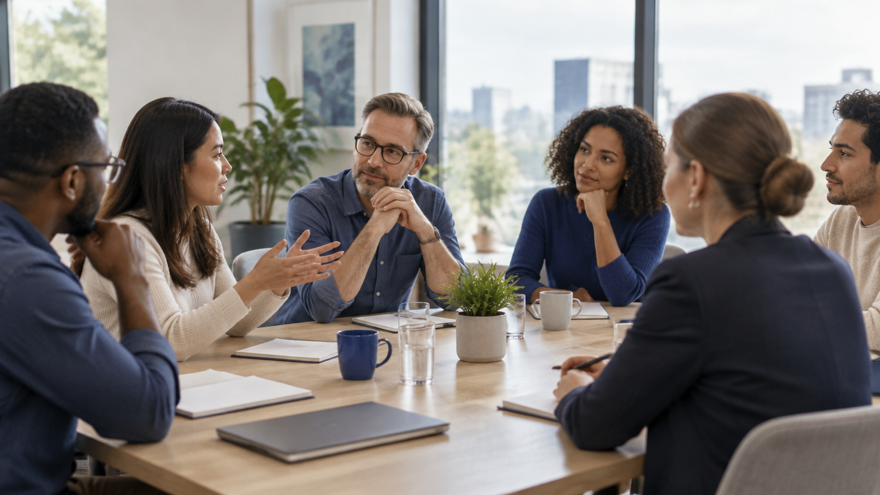 A facilitator listens as a diverse team reflects together during a calm workplace meeting.