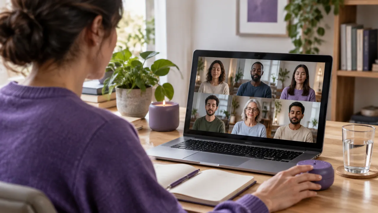 A facilitator prepares a calm online meditation session with participants visible on a laptop