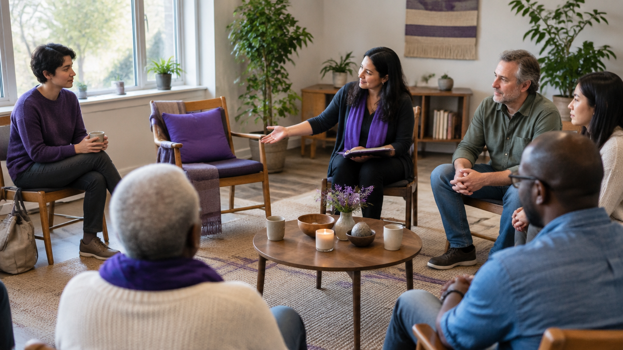 A facilitator welcomes participants into an inclusive community circle while leaving space for choice.