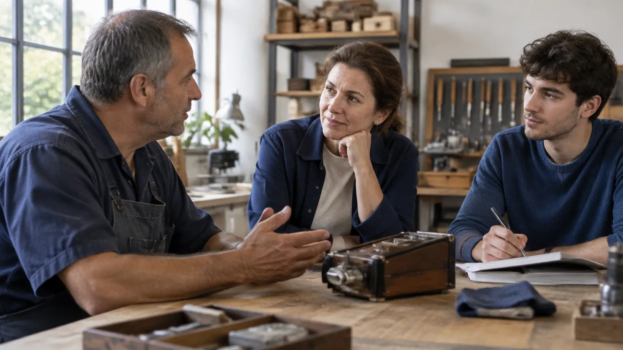A family business owner models attentive listening as a younger relative observes