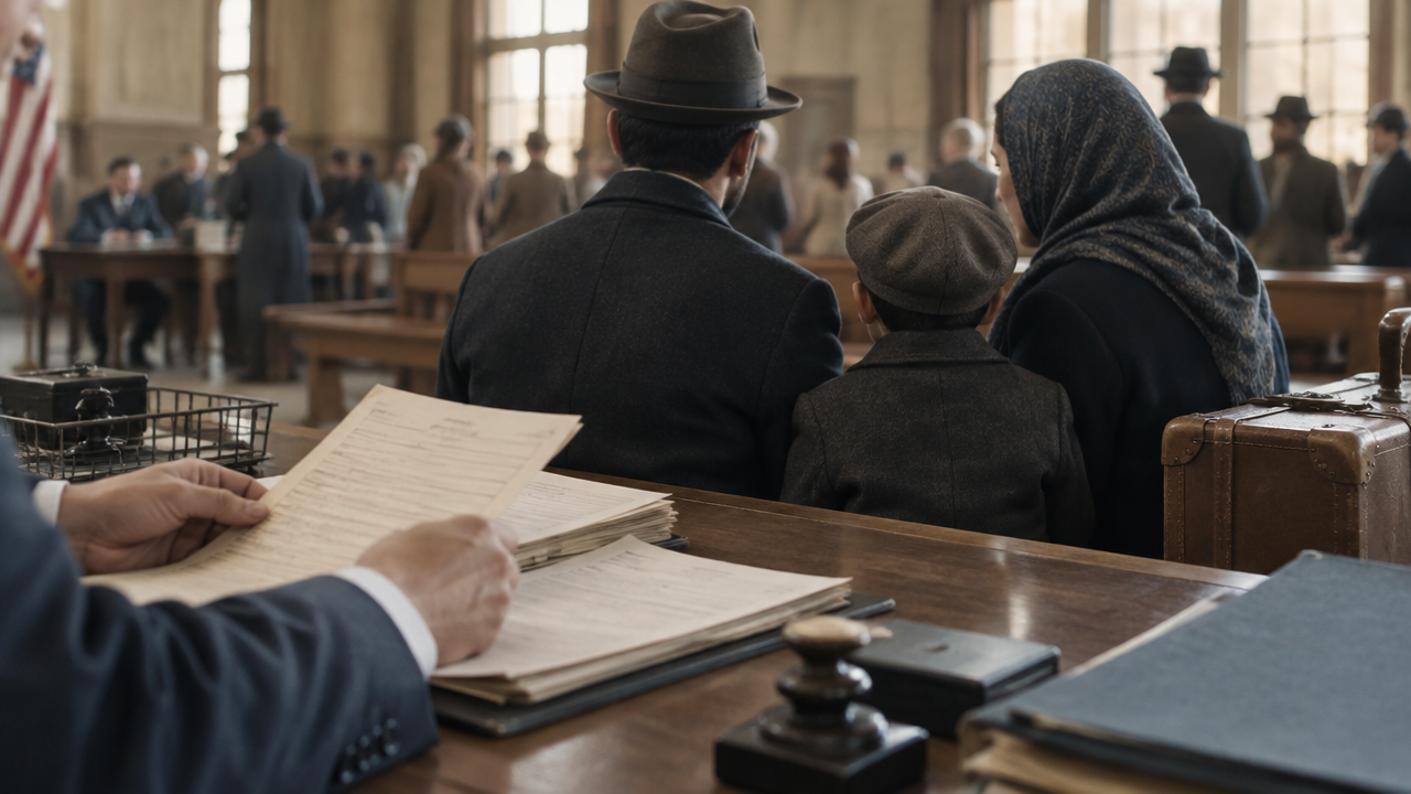 A family waits while immigration papers are reviewed in a historical processing hall