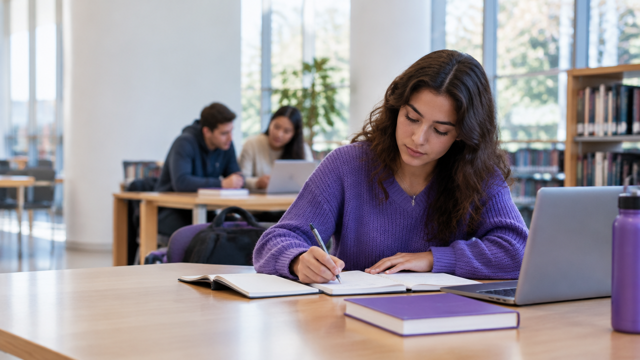 A focused college student planning independent study in a bright campus library