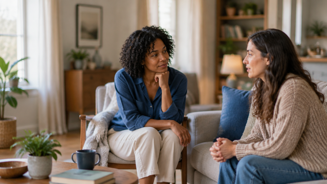 A friend listens attentively as another person shares a difficult feeling in a calm living room.