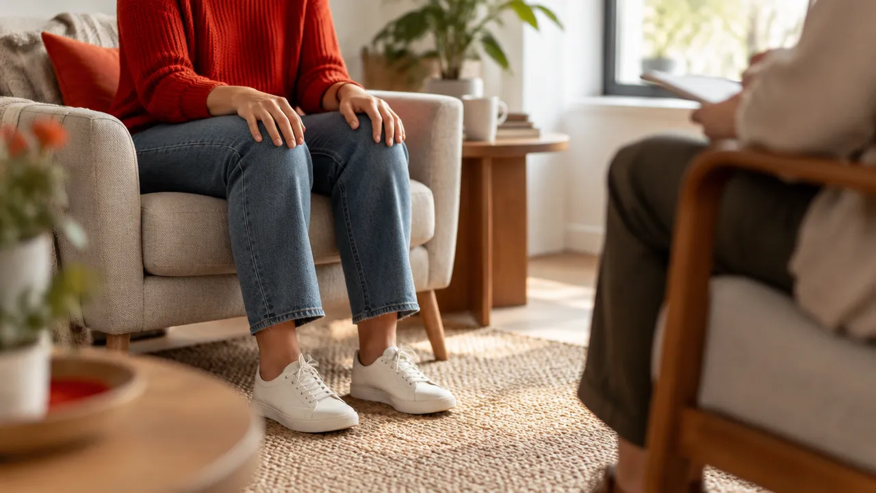 Feet resting on the floor during a gentle grounding exercise