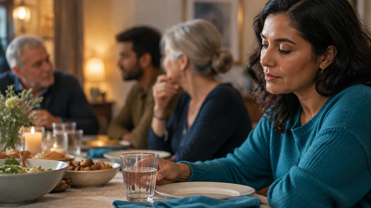 A guest takes a quiet pause before responding to a tense remark at dinner