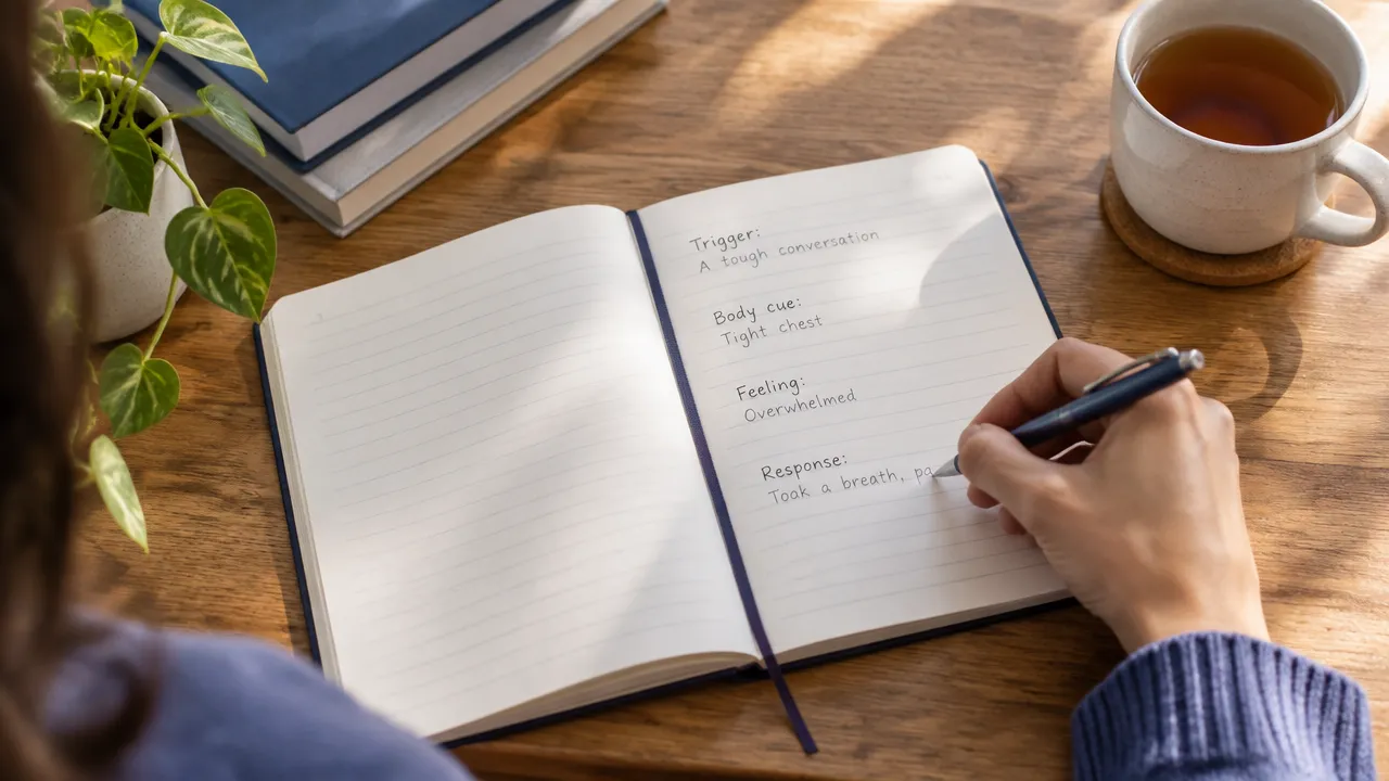 A hand records a brief reflection about a conversation in a simple notebook