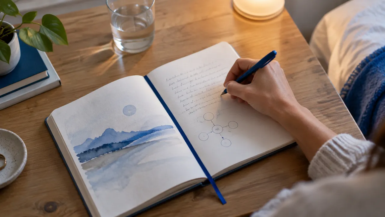 A hand records a recurring dream and maps relationships in a journal during calm morning reflection.