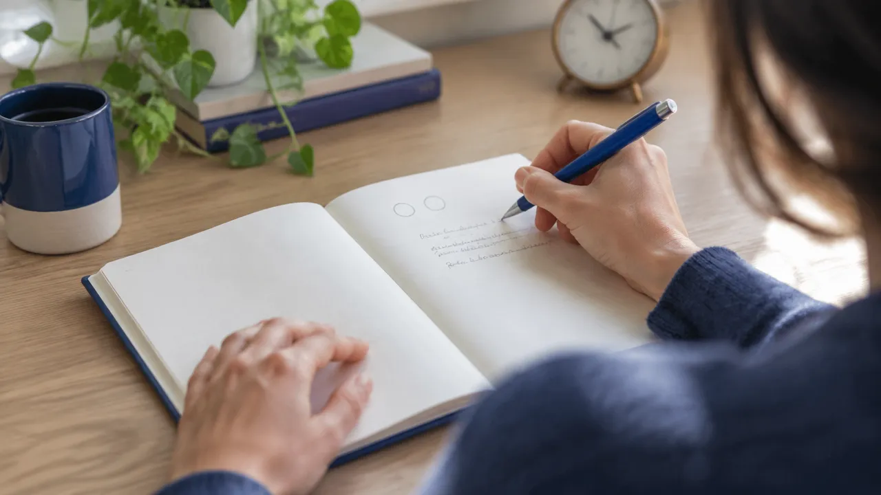 A journal and pen set up for a brief before-and-after mood check-in.