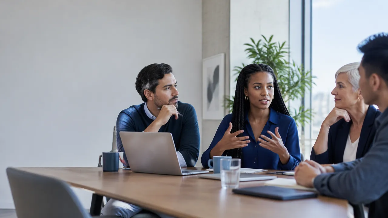 A junior colleague contributes confidently while senior coworkers listen in a workplace mentorship discussion
