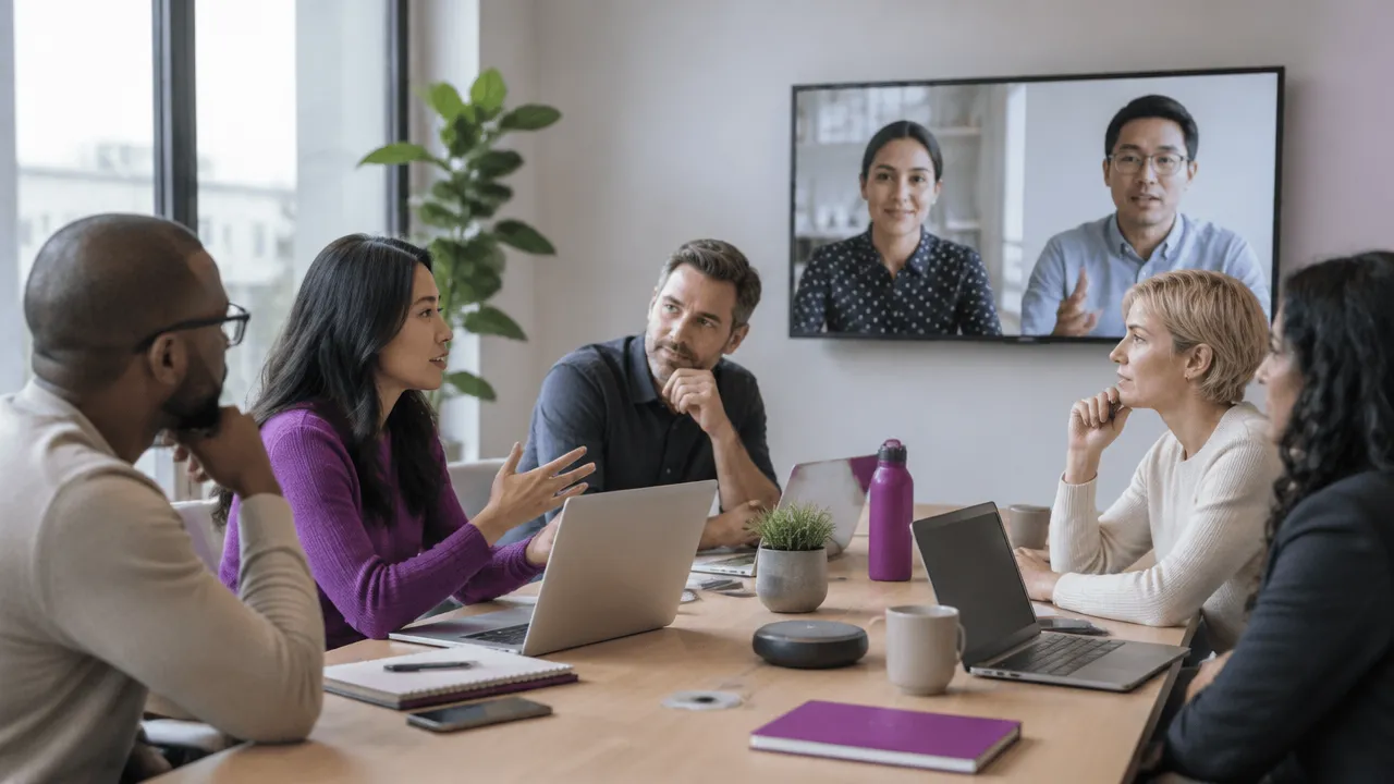 A leader facilitates a thoughtful hybrid conversation with colleagues joining from different locations.