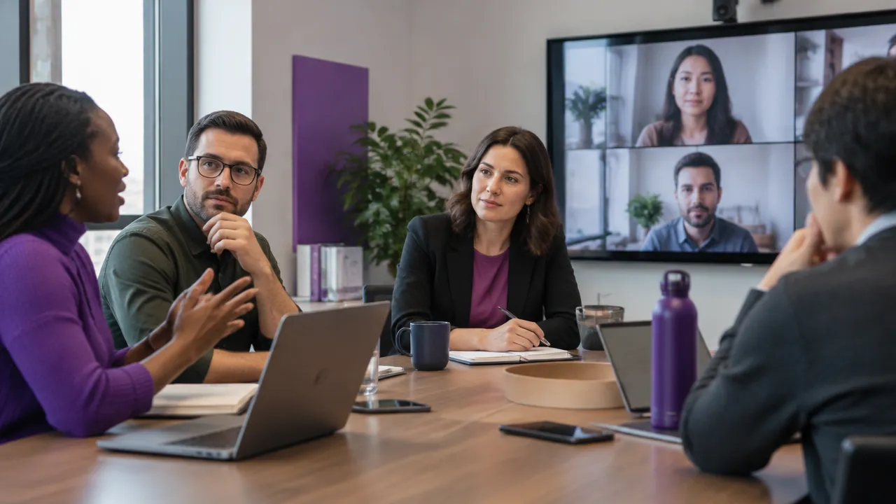 A leader listening calmly to colleagues during a hybrid meeting, encouraging open and thoughtful discussion