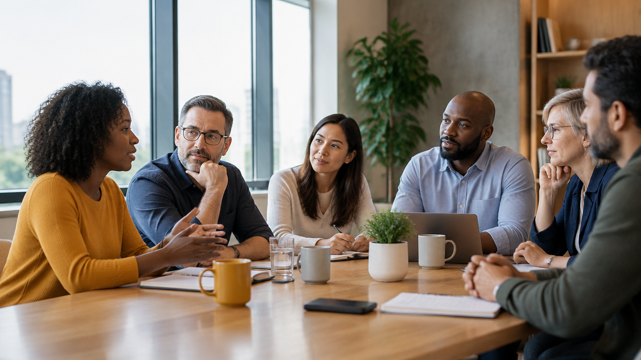A leader listens as colleagues discuss shared responsibility in a calm team meeting