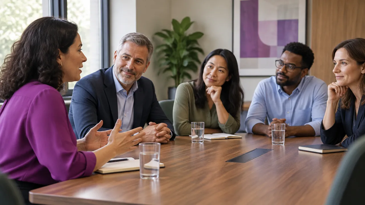 A leader listens attentively as a colleague shares a concern during a team meeting