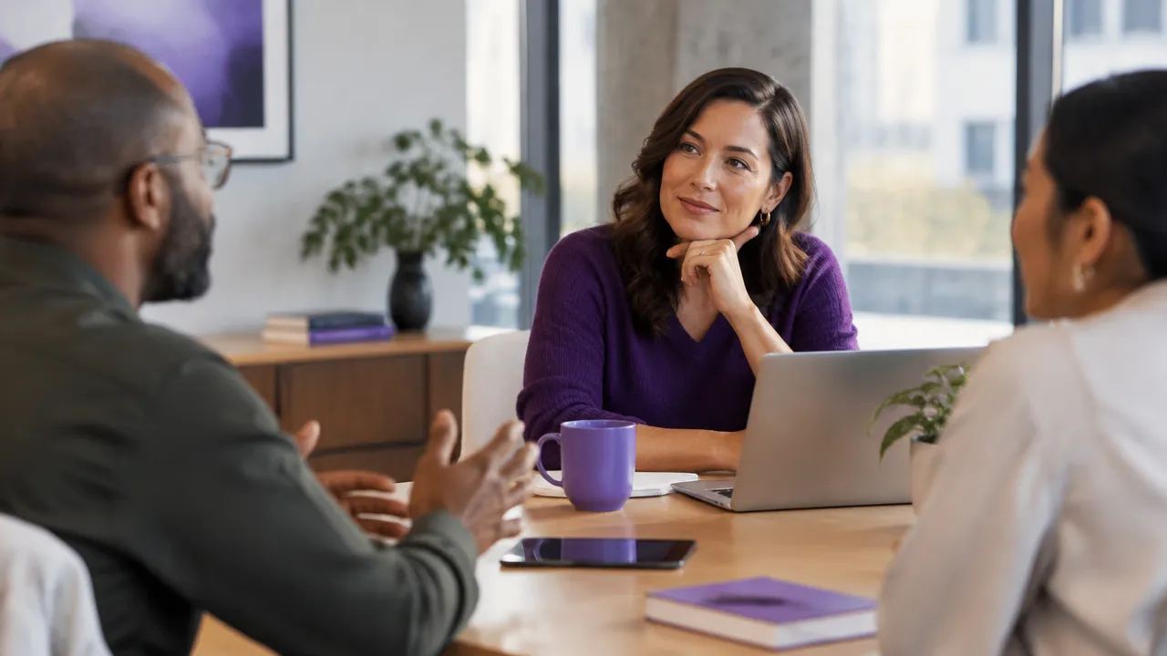 A leader listens attentively to colleagues during a calm, candid workplace conversation