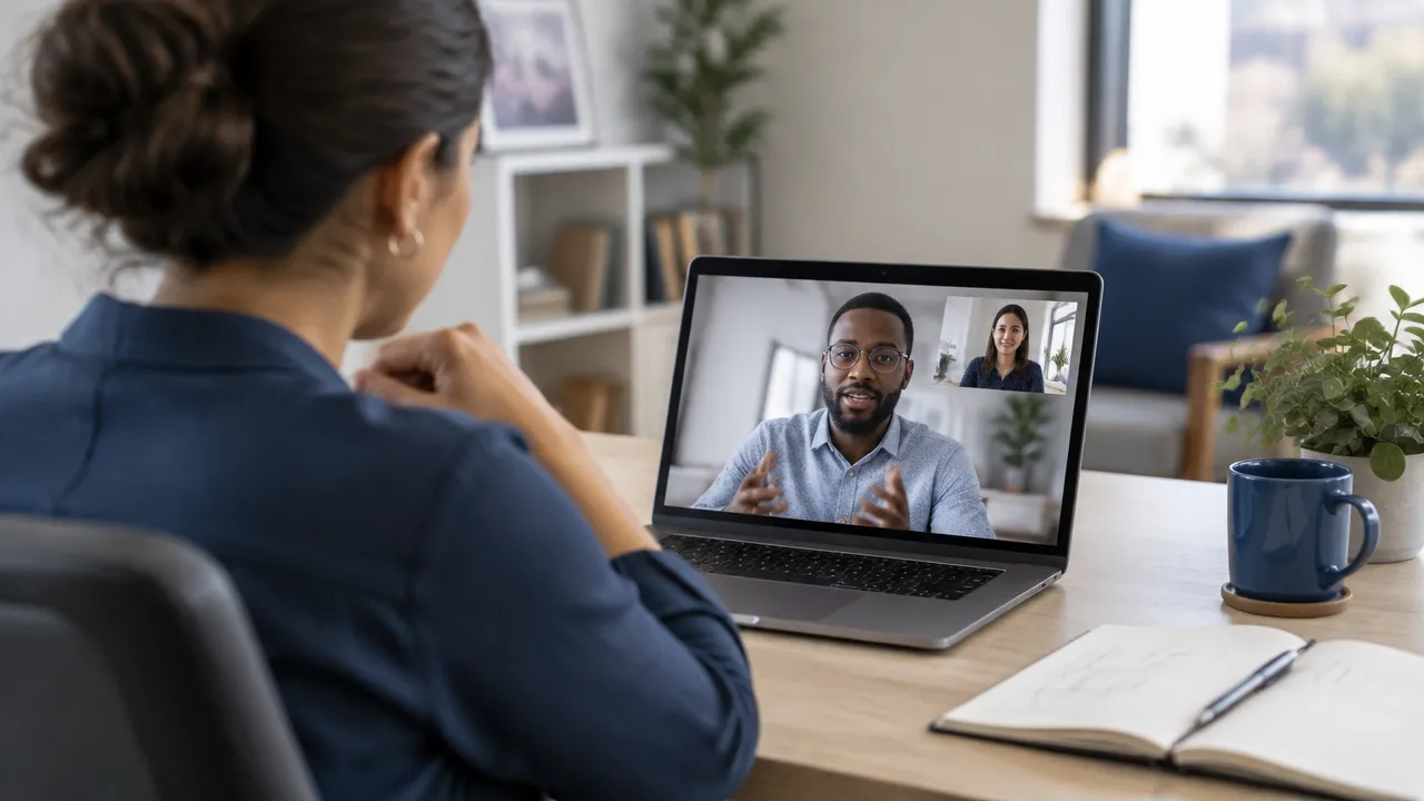 A leader listens attentively to remote colleagues during a video meeting, illustrating practical ways to restore connection and trust in a hybrid team.