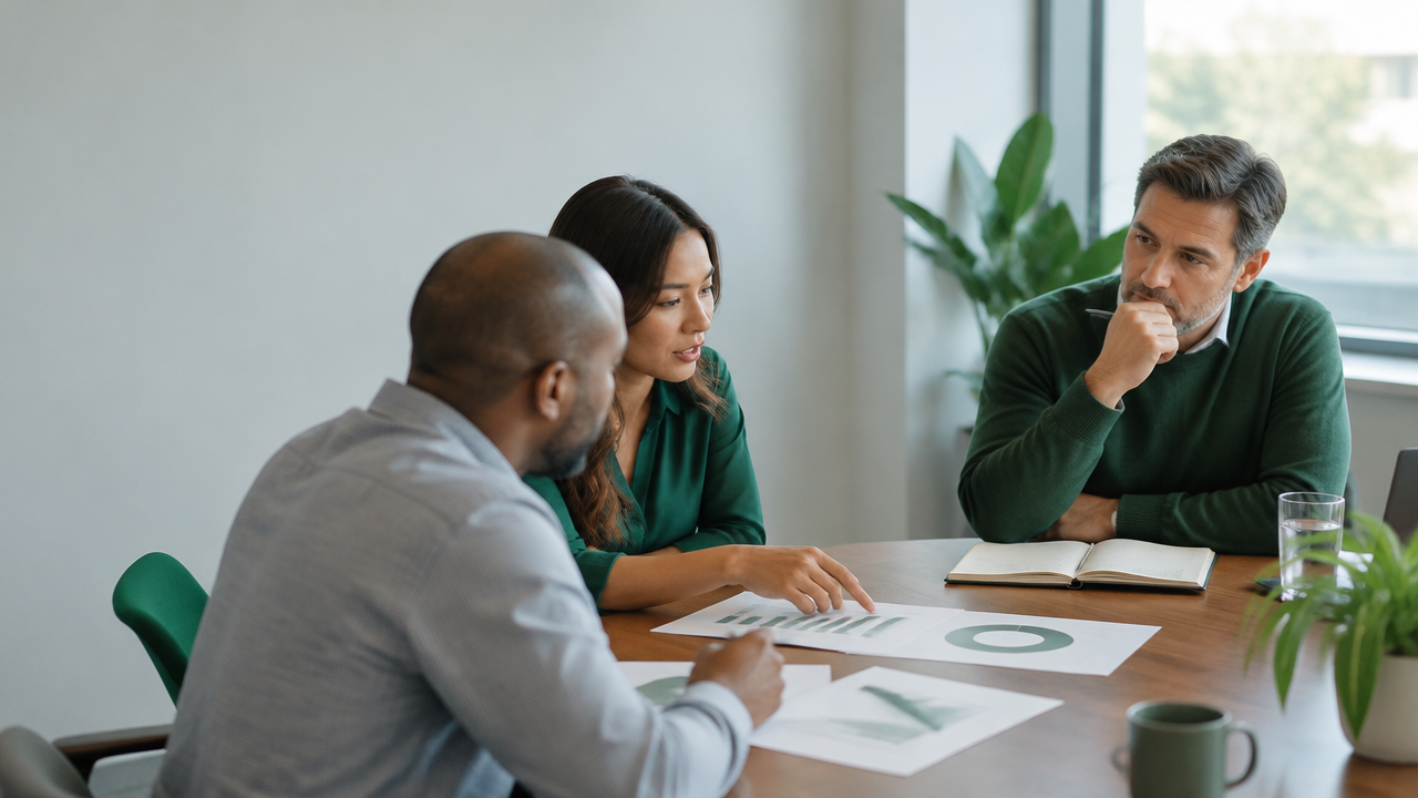 A leader listens to colleagues reviewing evidence before making a decision