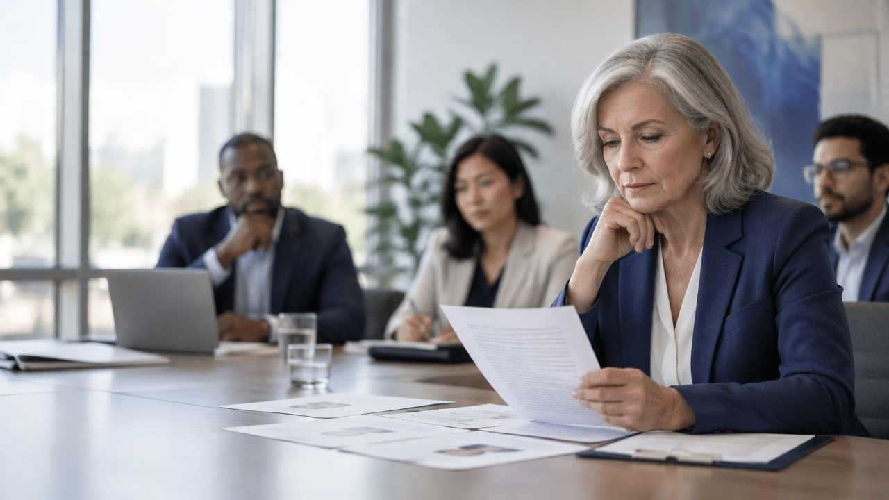 A leader pauses to review candidate profiles while colleagues collaborate in the background, illustrating reflection on hidden assumptions.