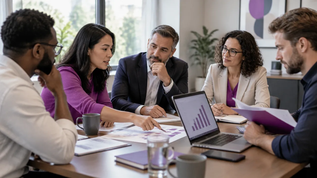 A leadership team calmly compares a project plan with past results and risk notes.