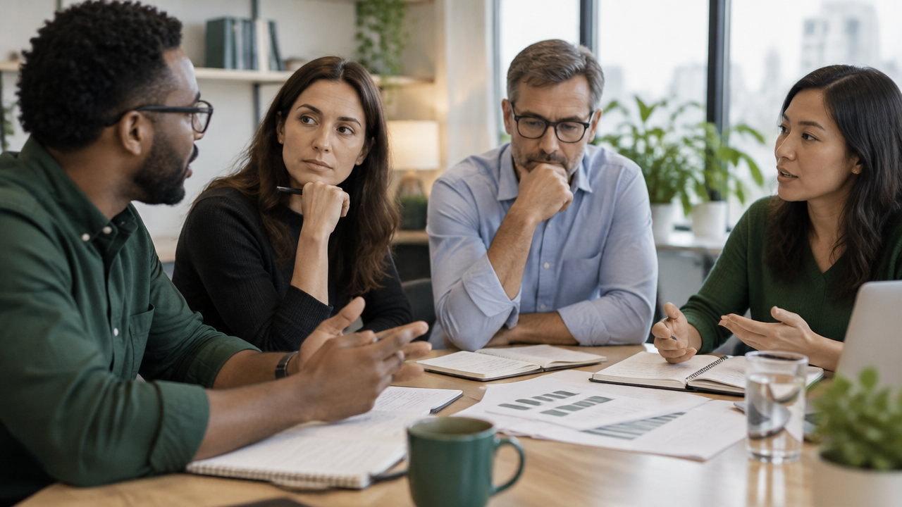 A leadership team compares independent notes and evidence during a structured decision review