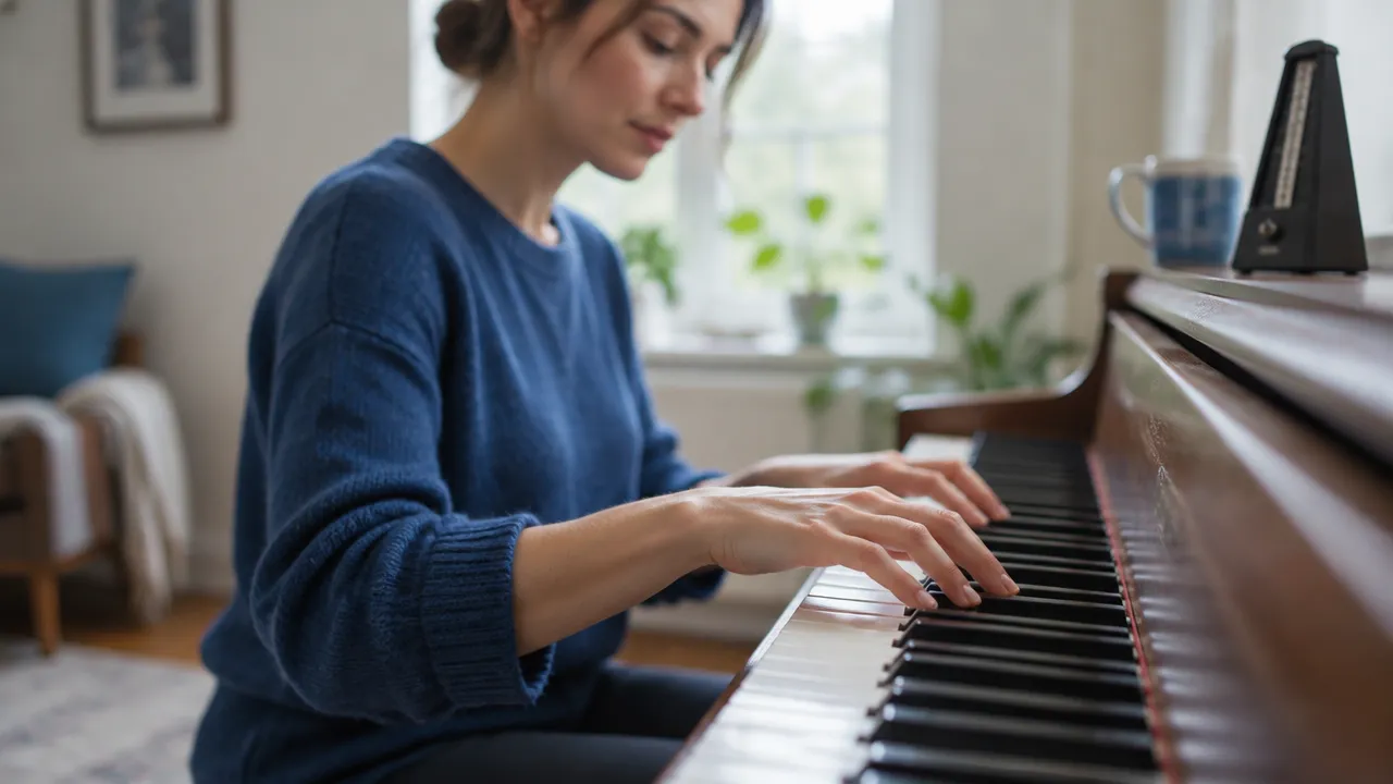 A learner practices piano attentively, illustrating how repeated skill practice supports brain adaptation