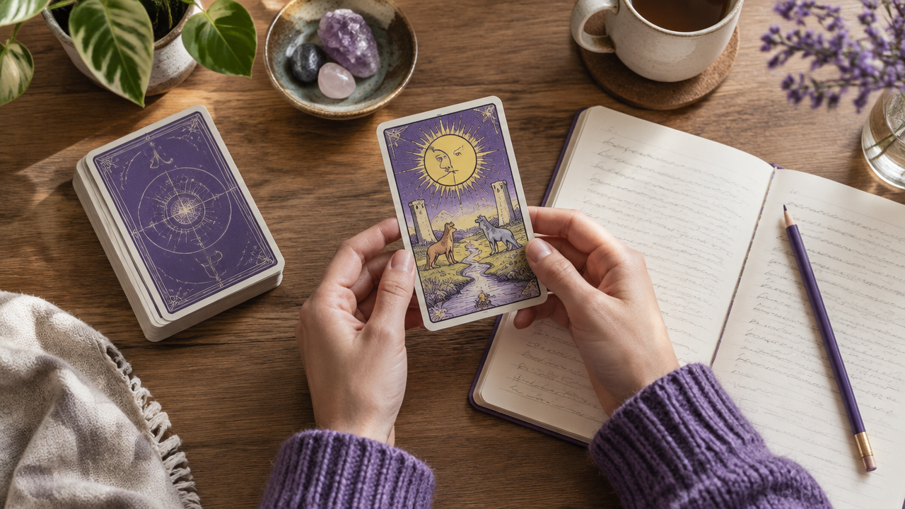 A learner studies one Tarot card and records observations in a practice journal