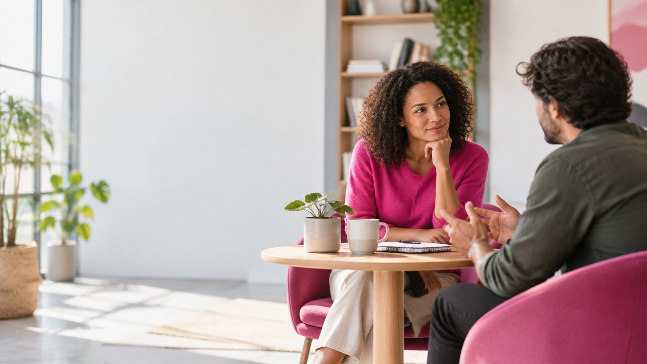 A life coach listens as a client reflects during a calm one-to-one coaching conversation
