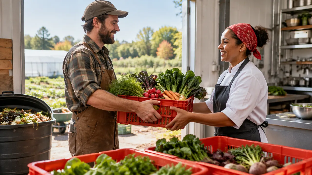 A local farmer and kitchen worker exchange reusable crates of fresh produce, illustrating a regenerative purchasing loop.