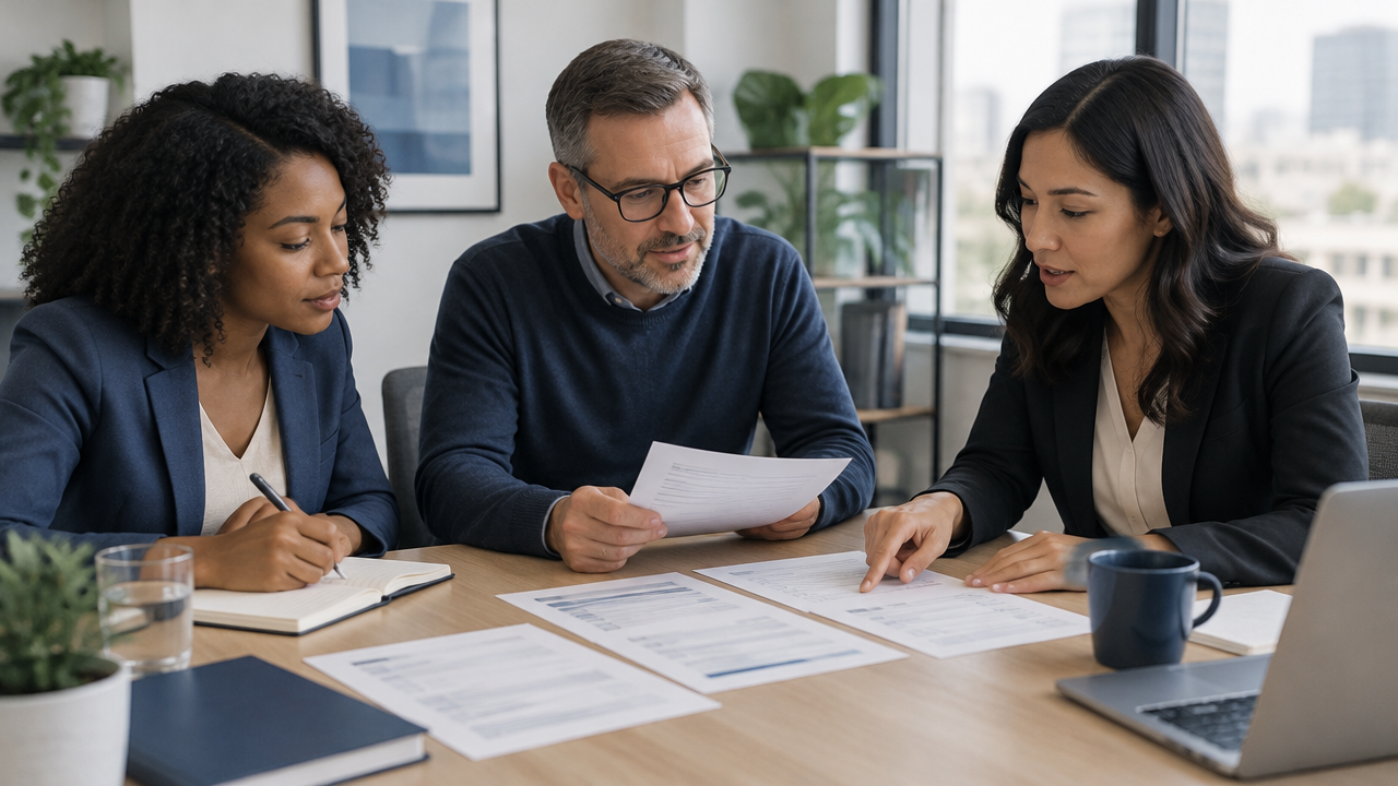 A manager and colleagues compare anonymized performance reviews against shared criteria to support fair decisions.