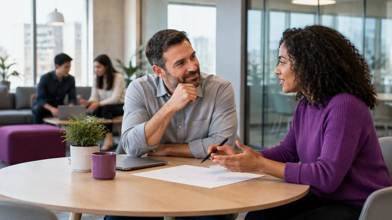 A manager coaches a colleague through a shared problem-solving conversation in a contemporary workplace