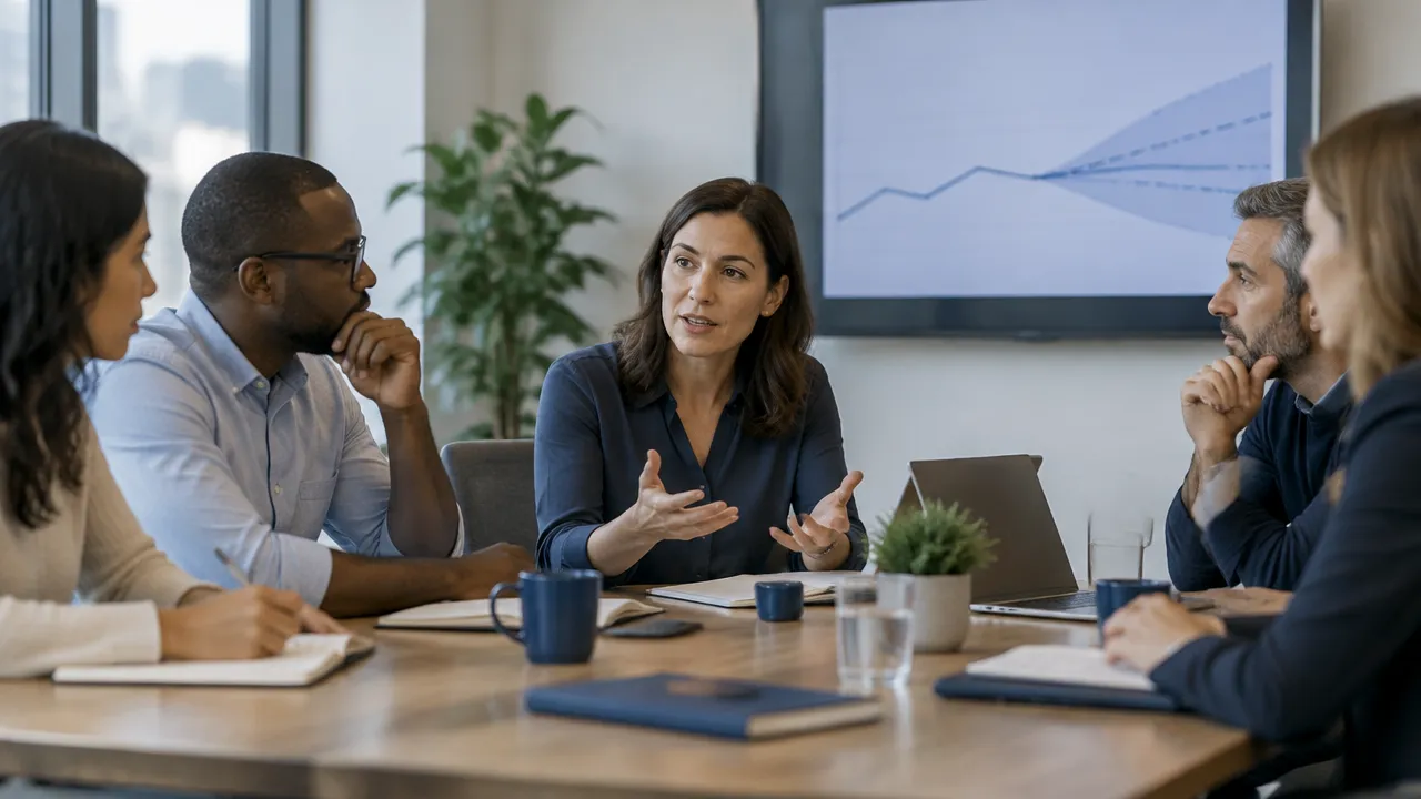 A manager discusses uncertain financial scenarios calmly with a team