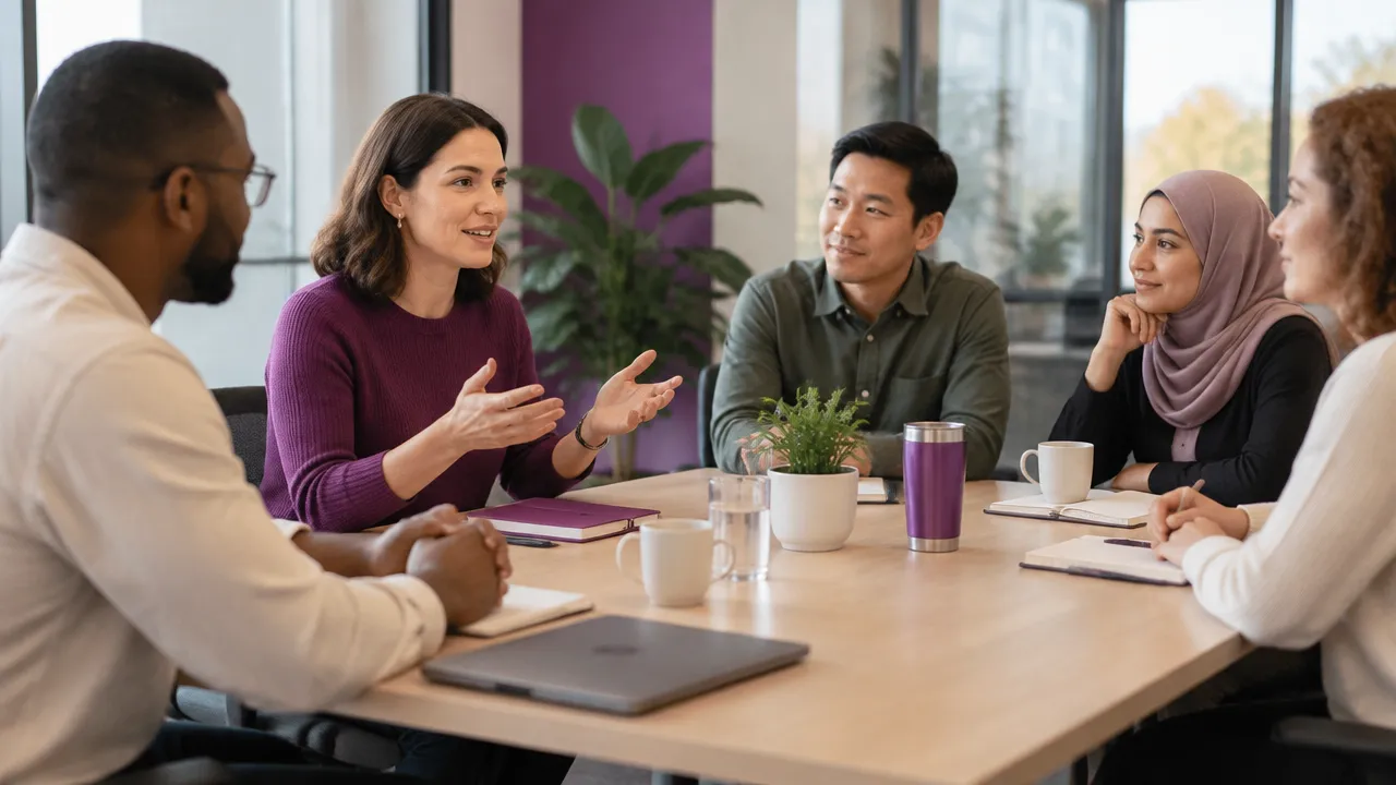 A manager hosts a voluntary, inclusive team conversation where colleagues can participate or simply listen.