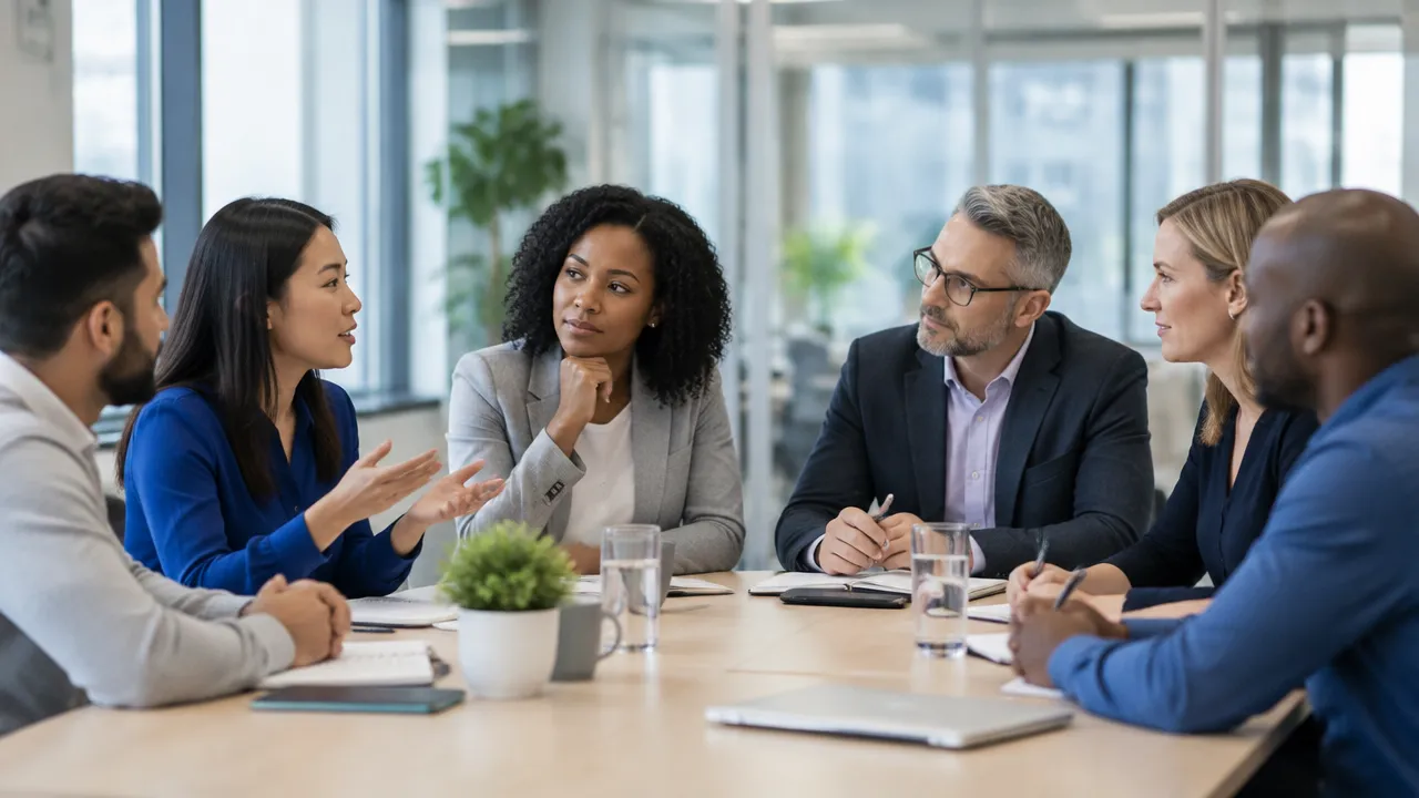 A manager invites a quieter colleague into a workplace discussion while the team listens.