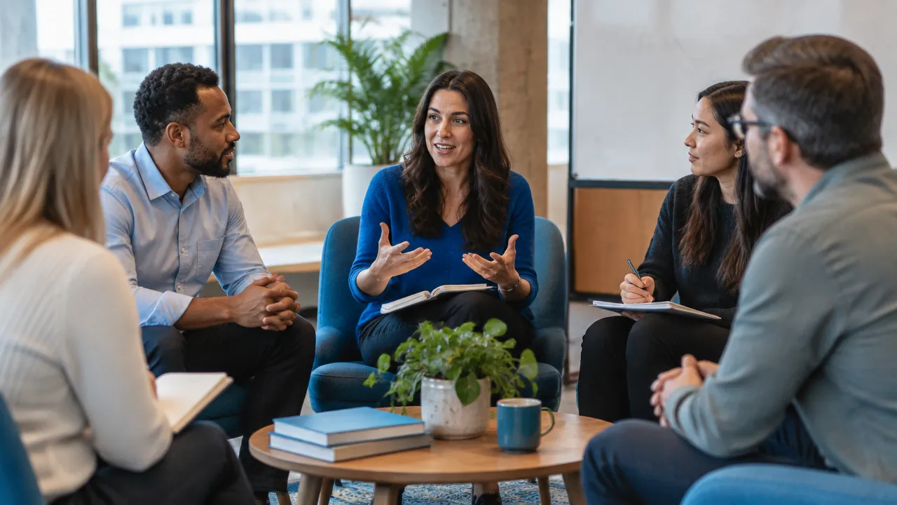 A manager listening to coworkers during a collaborative team meeting, showing culture formed through repeated interactions