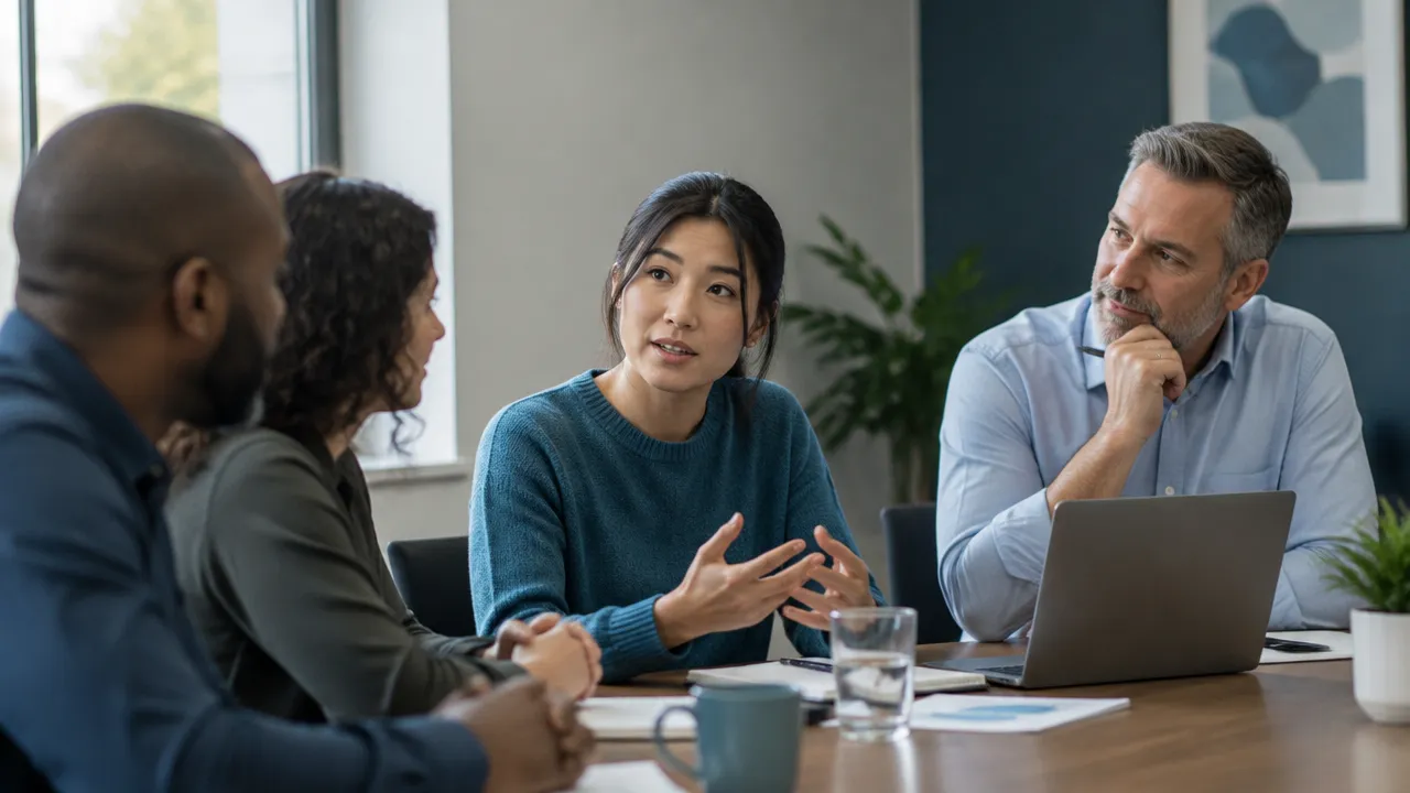 A manager listens as a quieter colleague raises a concern during a team discussion