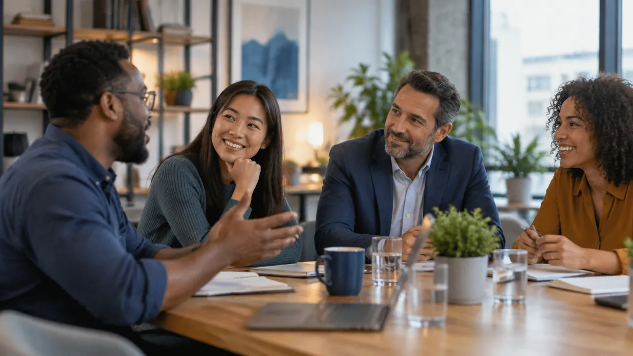 A manager listens as colleagues share a light, inclusive moment in a meeting